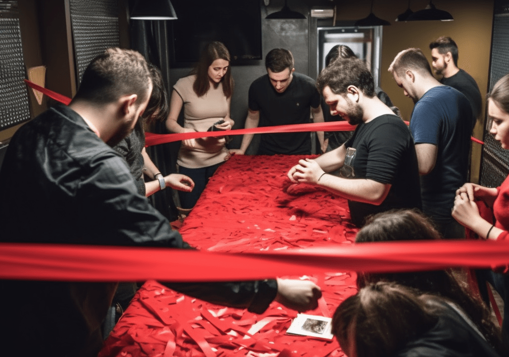 Ilustración de gente jugando un escape room en una despedida de soltera